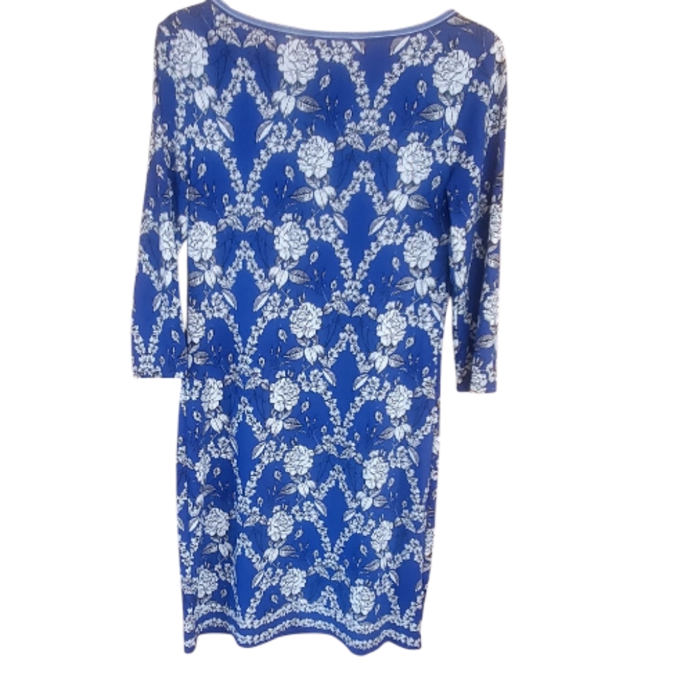 Max Studio Royal Blue And White Floral Sheath Dress 3/4 Sleeves Size S